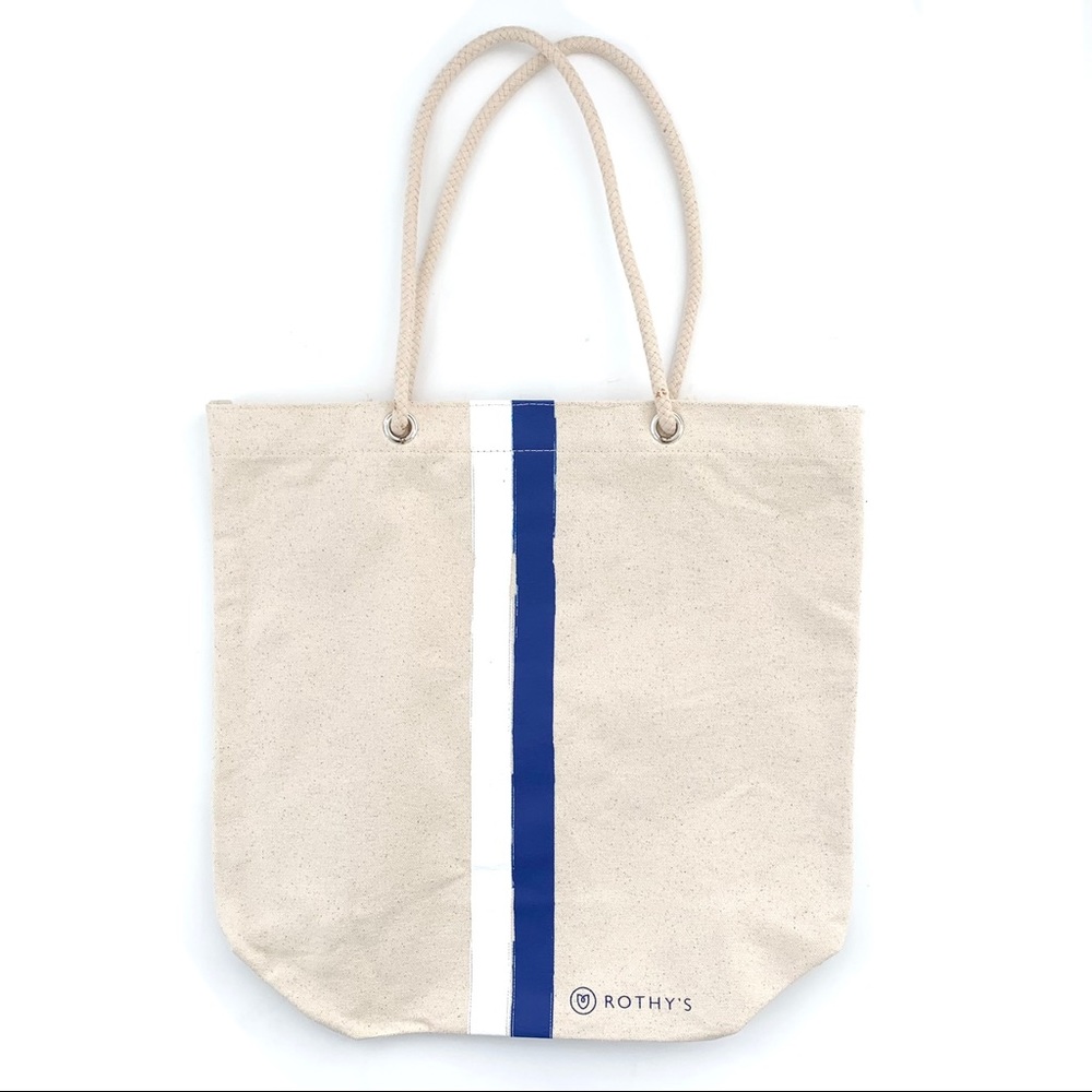 Rothy's Cream Tote with Blue and White Center Stripe